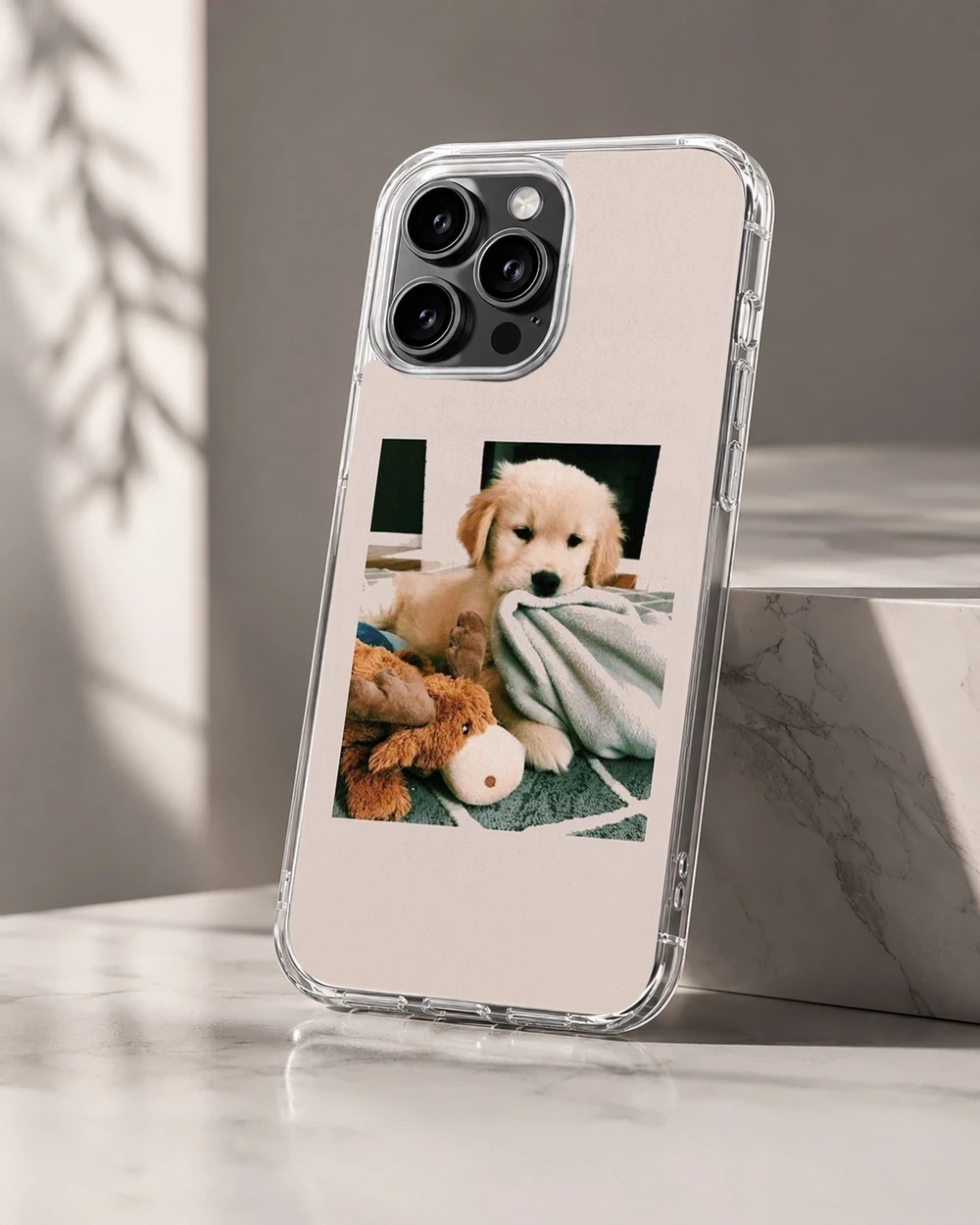 Aesthetic dog phone case featuring a cute puppy with a toy